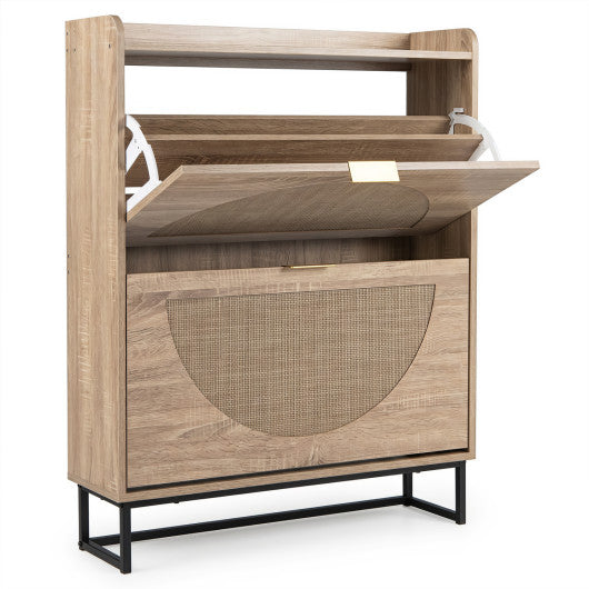 Narrow Shoe Storage Cabinet with 2 Flip Drawers and Adjustable Shelves-Natural
