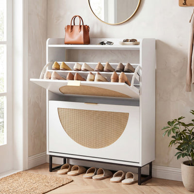 Narrow Shoe Storage Cabinet with 2 Flip Drawers and Adjustable Shelves-White
