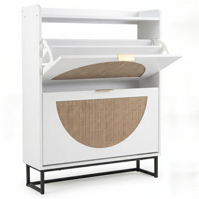 Narrow Shoe Storage Cabinet with 2 Flip Drawers and Adjustable Shelves-White