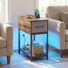 Narrow Side Table with Charging Station and LED Lights Industrial End Table-Brown
