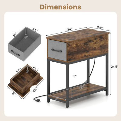 Narrow Side Table with Charging Station and LED Lights Industrial End Table-Brown