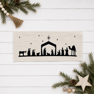 PANEL ONLY RECTANGLE Christ Birth Holiday Panel: Winter, Christmas, Mary, Joseph, 3 Wisemen, Camel, Shepards, Star, Light of the World, Peace, Joy, Hope; NATIVITY