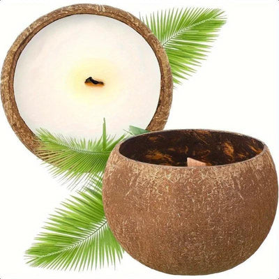 Natural Coconut Shell Candle - Tropical Beach Scented Soy Wax Candle in Coconut Bowl Holder, 3.94