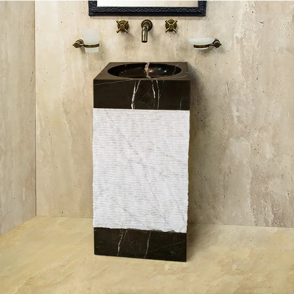Natural Stone Marble Pedestal Sink Toros Black/Carrara White  (W)16
