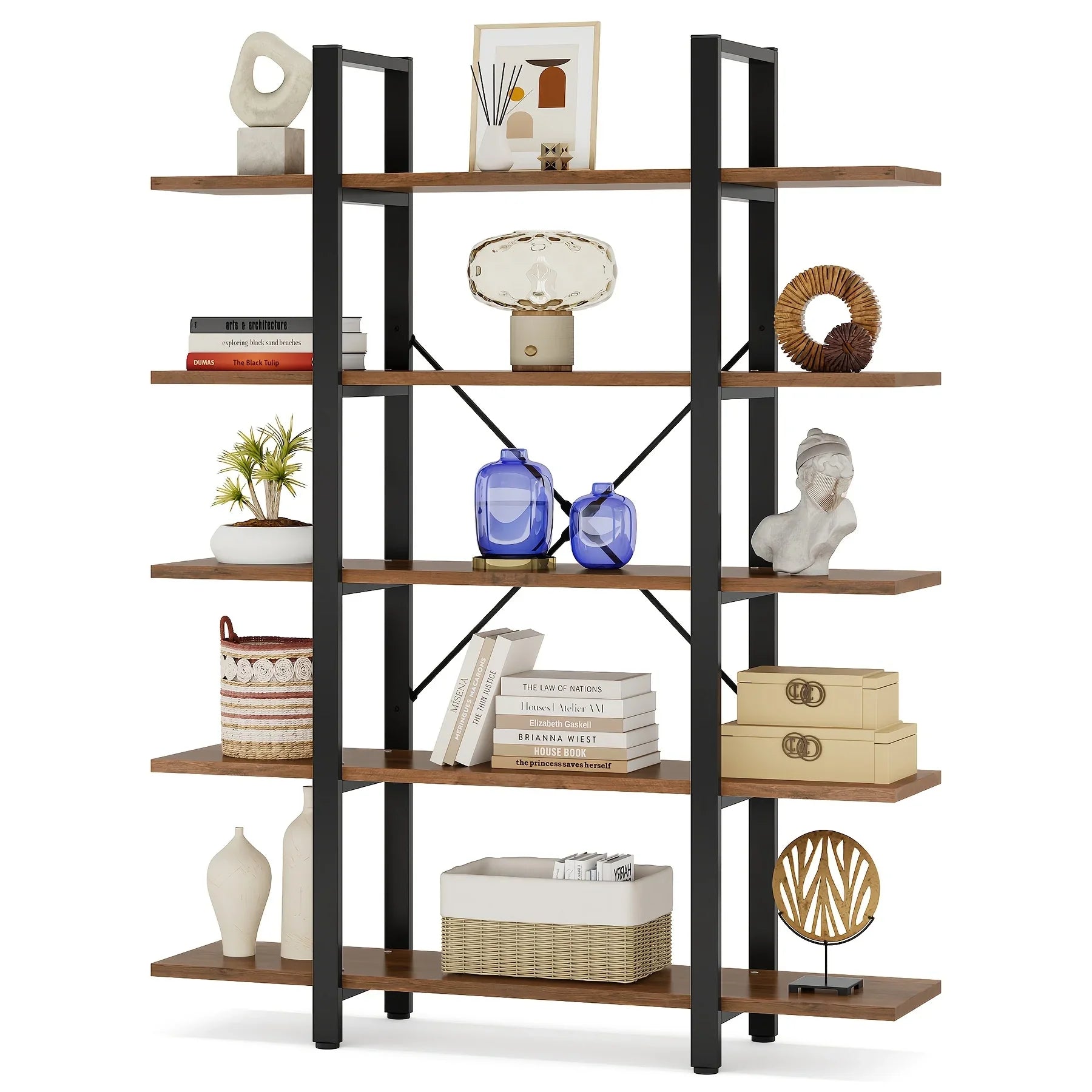 Natural Wood Multi-Compartment Bookshelf with Storage Design