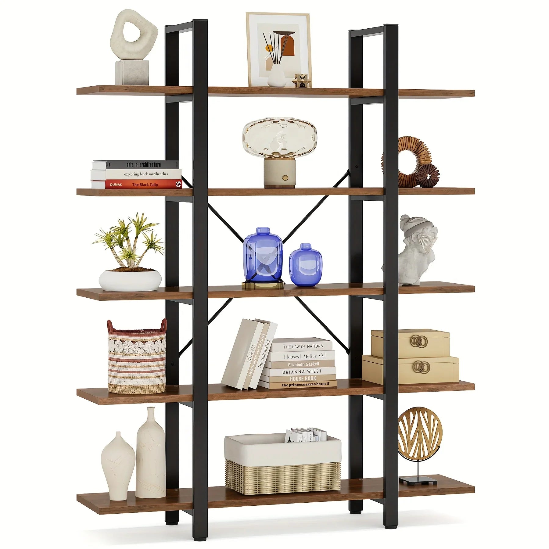 Natural Wood Multi-Compartment Bookshelf with Storage Design