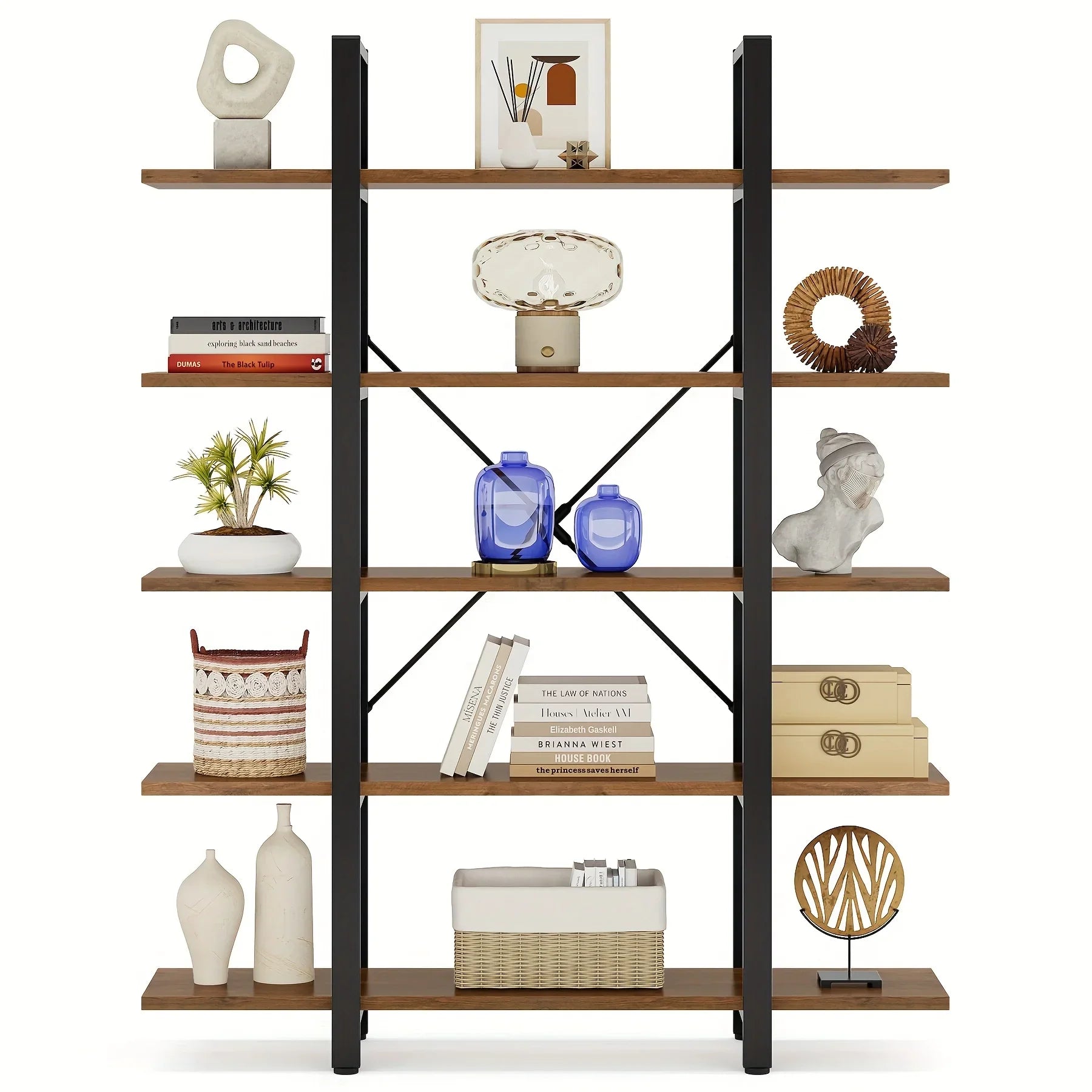 Natural Wood Multi-Compartment Bookshelf with Storage Design