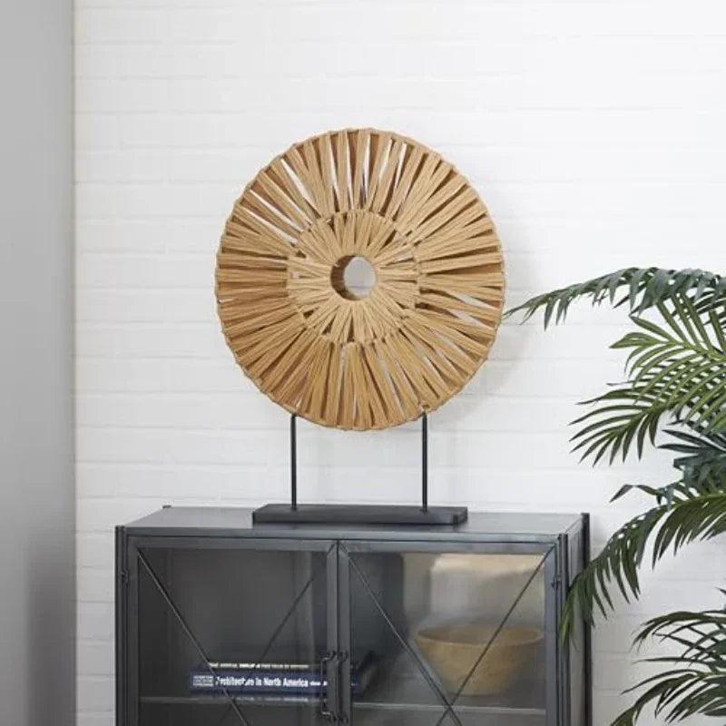 Natural Woven Rattan Circle Sculpture on Stand for Modern Home Decor