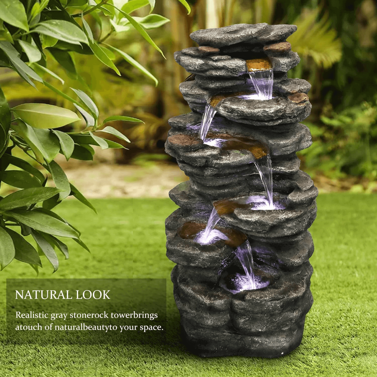 Resin Flagstone Outdoor Water Fountain with Moss 40 in