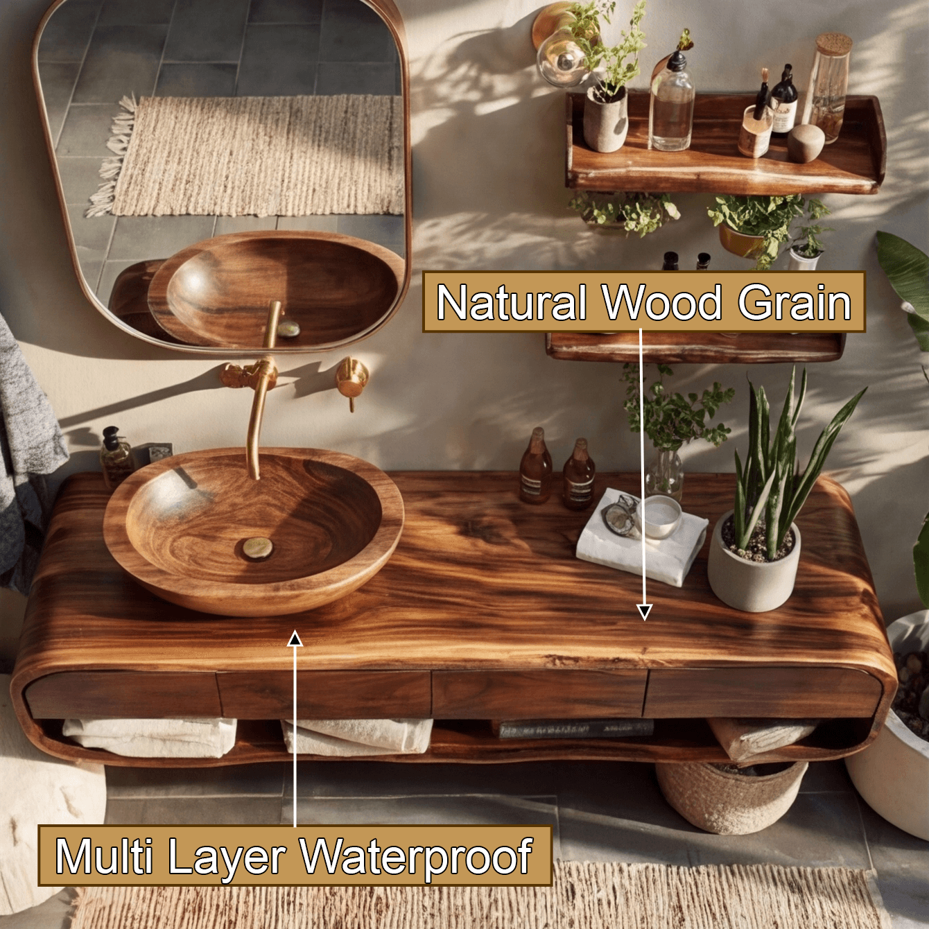 Lunara Sculpted Solid Wood Floating Bathroom Vanity with Drawers