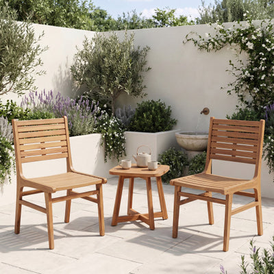 Natural Wood Armless Patio Chair with Slanted Back and Slatted Seat