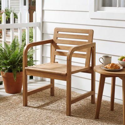 Natural Wood Patio Armchair with Slanted Back and Slatted Seat
