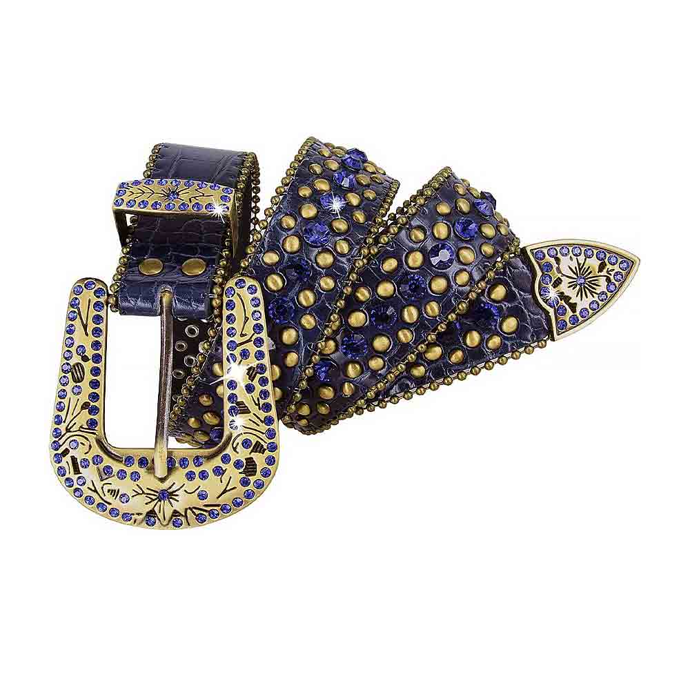 Navy Blue Rhinestone PU Leather Men Women Belt