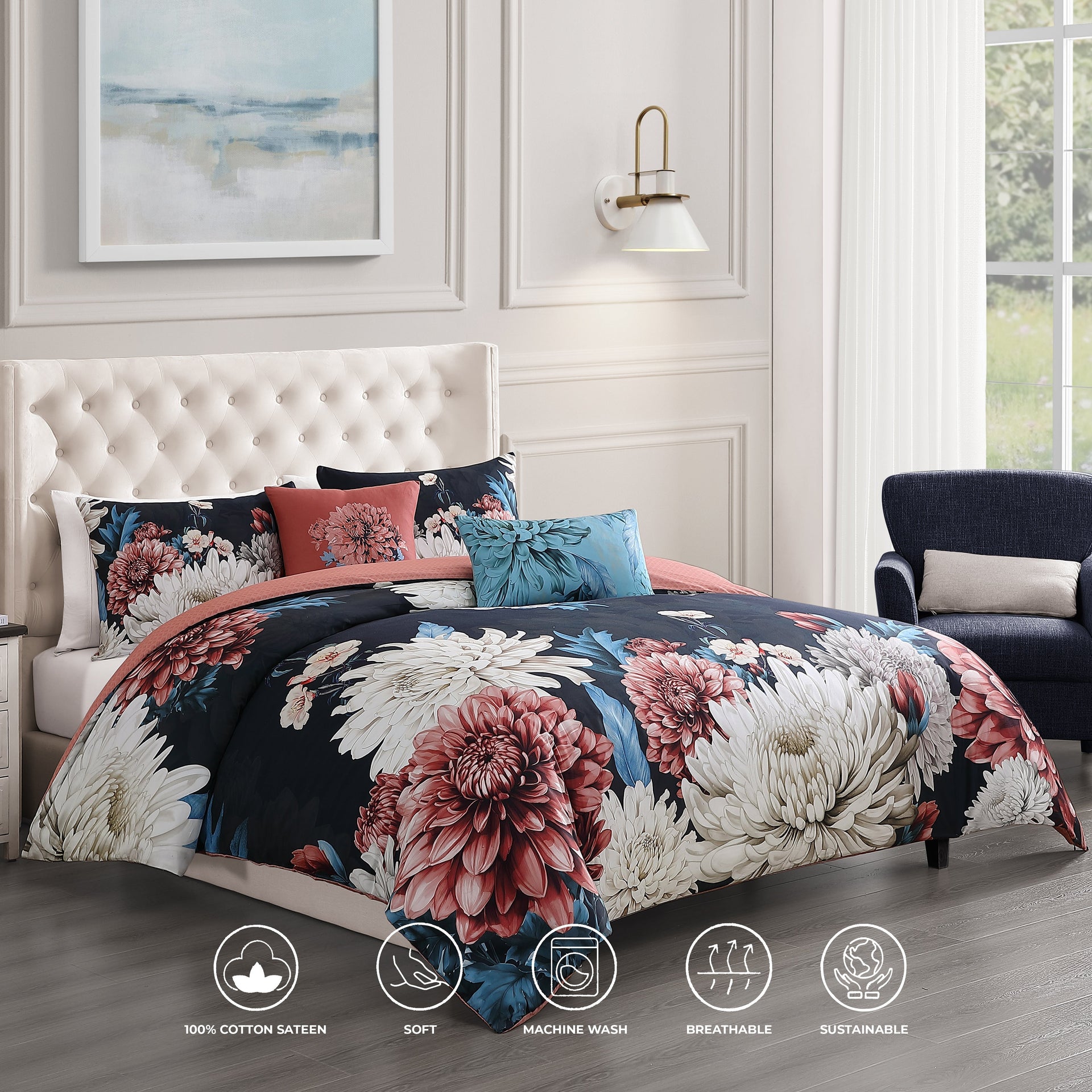 Bebejan Navy Mums 5 Piece Reversible Comforter Set