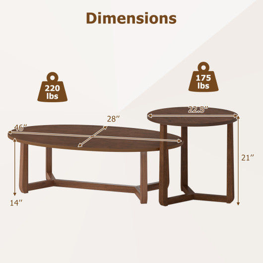 Nesting Coffee Table Set of 2 with Wood Veneered Top and Solid Rubber Wood Legs-Walnut