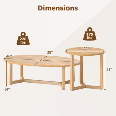 Nesting Coffee Table Set of 2 with Wood Veneered Top and Solid Rubber Wood Legs-Natural