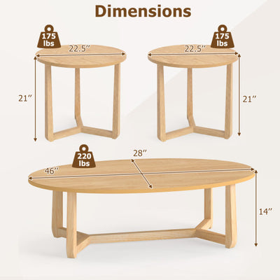 Nesting Coffee Table Set of 3 with Wood Veneered Top and Solid Rubber Wood Legs for Living Room-Natural