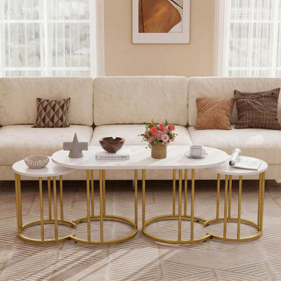 Nesting Coffee Table Set of 3 with Faux Marble Tabletop and Powder-coated Gold Metal Frame-White