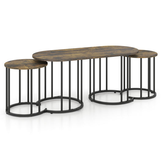 Nesting Coffee Table Set of 3 with Faux Marble Tabletop and Powder-coated Gold Metal Frame-Rustic Brown