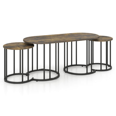 Nesting Coffee Table Set of 3 with Faux Marble Tabletop and Powder-coated Gold Metal Frame-Rustic Brown