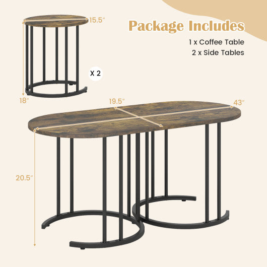 Nesting Coffee Table Set of 3 with Faux Marble Tabletop and Powder-coated Gold Metal Frame-Rustic Brown