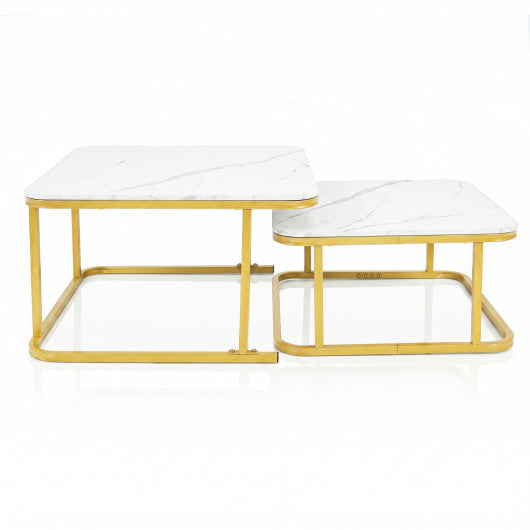 Nesting Coffee Table Set of 2 with Faux Marble Top and Metal Frame-White