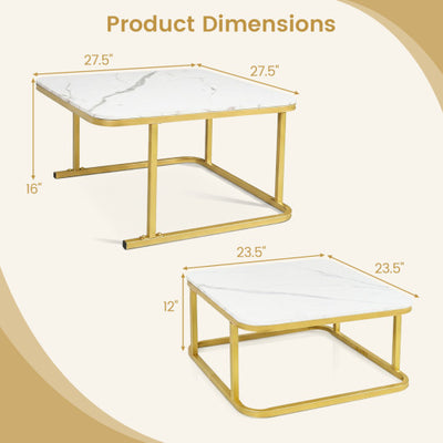 Nesting Coffee Table Set of 2 with Faux Marble Top and Metal Frame-White