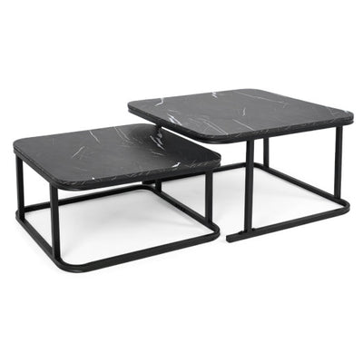 Nesting Coffee Table Set of 2 with Faux Marble Top and Metal Frame-Black
