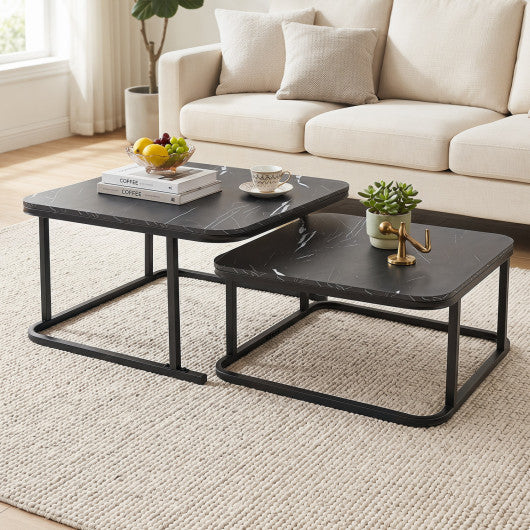 Nesting Coffee Table Set of 2 with Faux Marble Top and Metal Frame-Black