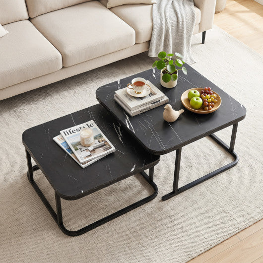 Nesting Coffee Table Set of 2 with Faux Marble Top and Metal Frame-Black