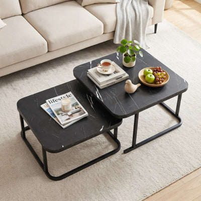 Nesting Coffee Table Set of 2 with Faux Marble Top and Metal Frame-Black