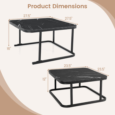 Nesting Coffee Table Set of 2 with Faux Marble Top and Metal Frame-Black