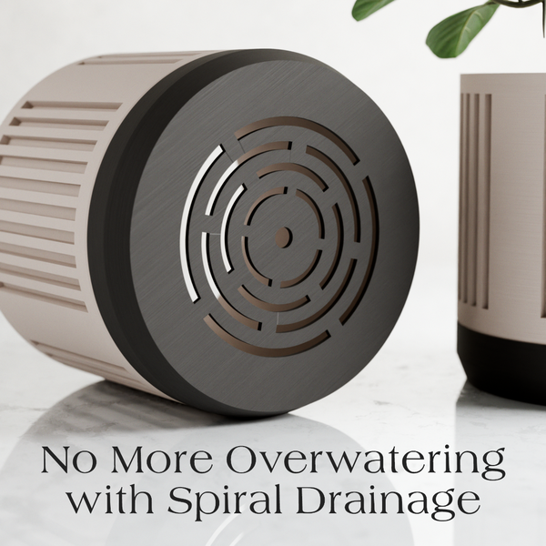 Decorative pot with spiral drainage feature on a light background