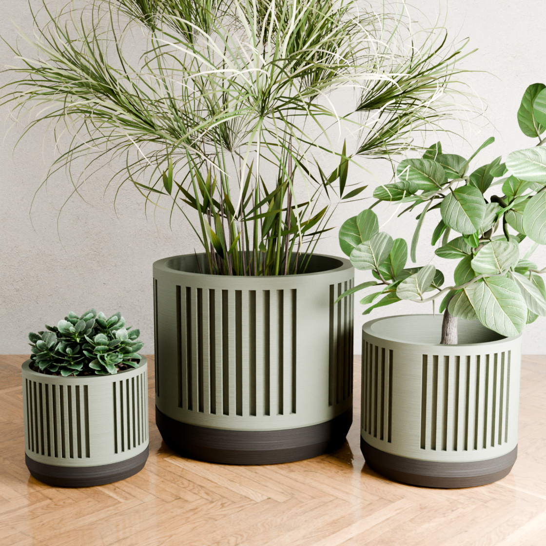Three green planters with plants on a wooden surface