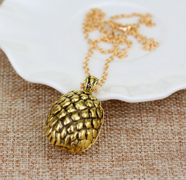 Gold Dragon Egg Pendant Necklace – Antique Fantasy-Inspired Jewelry with Textured Scale Design, 18