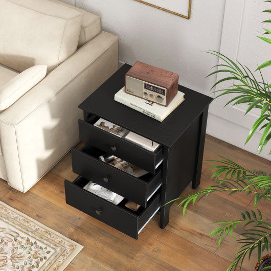 3-Drawer Wooden Nightstand Modern Bedside Table-Black