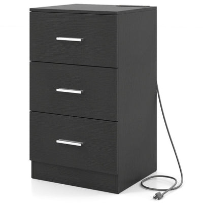 Nightstand with Charging Station End Table with 3 Storage Drawers Bedside Table for Bedroom-Black