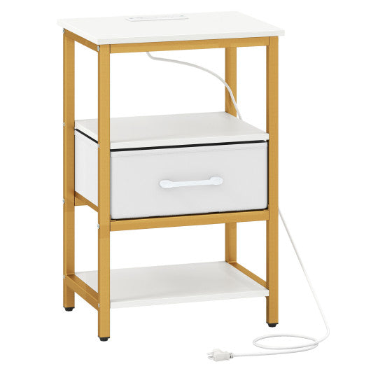 Nightstand with Charging Station and Adjustable Fabric Drawer for Bedroom and Living Room-1 Piece
