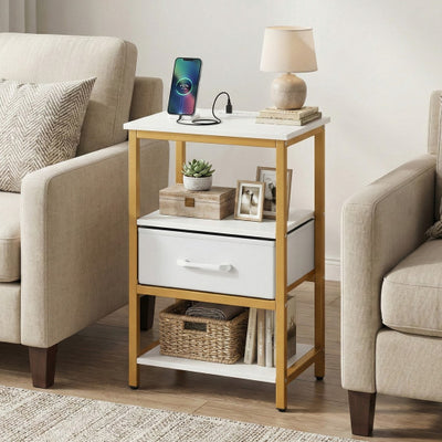 Nightstand with Charging Station and Adjustable Fabric Drawer for Bedroom and Living Room-1 Piece