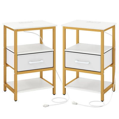 Nightstand with Charging Station and Adjustable Fabric Drawer for Bedroom and Living Room-Set of 2