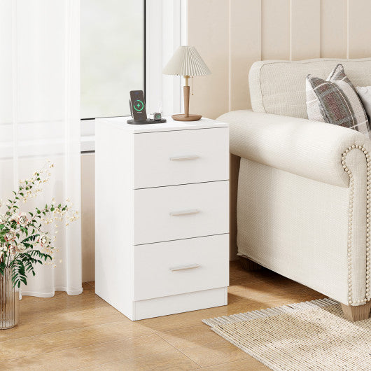 Nightstand with Charging Station End Table with 3 Storage Drawers Bedside Table for Bedroom-White