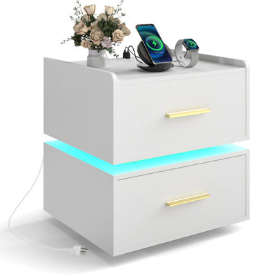 Nightstand with Charging Station LED Bedside Table with 2 Storage Drawers-White