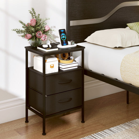 Nightstand with Charging Station 24.5 inch Modern Bedside Table with 2 Fabric Drawers-Black