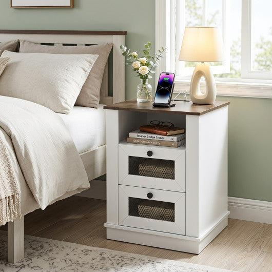 Nightstand with Charging Station and 2 Drawers Storage Compartment for Bedroom-Rustic Brown