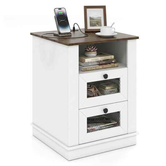 Nightstand with Charging Station and 2 Drawers Storage Compartment for Bedroom-Rustic Brown