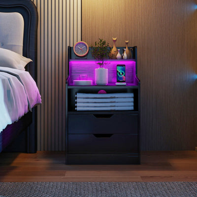 Nightstand with LED Light and Charging Station for Living Room Bedroom-Black