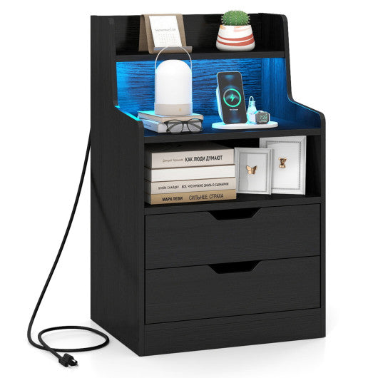 Nightstand with LED Light and Charging Station for Living Room Bedroom-Black