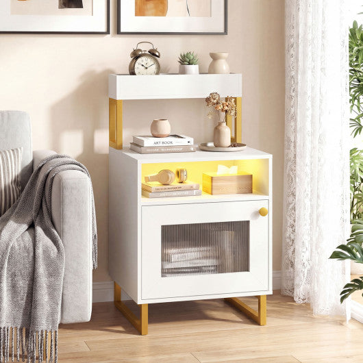Nightstand with LED Lights Modern End Table with Top Tray Open Compartment and Storage Cabinet-White