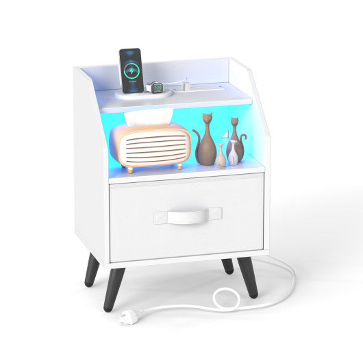 Nightstand with Power Outlets and Open Storage Shelf-White