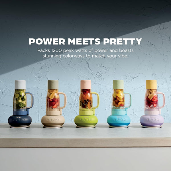 Colorful blenders on a shelf with text about power and design.